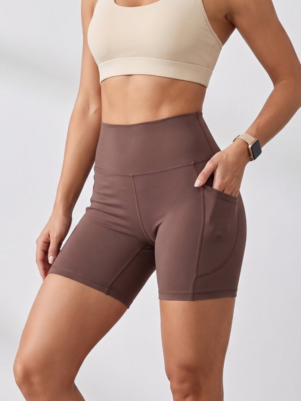 NWT Colorfulkoala Brown High Waisted Yoga Bike Shorts with Side Pockets Large